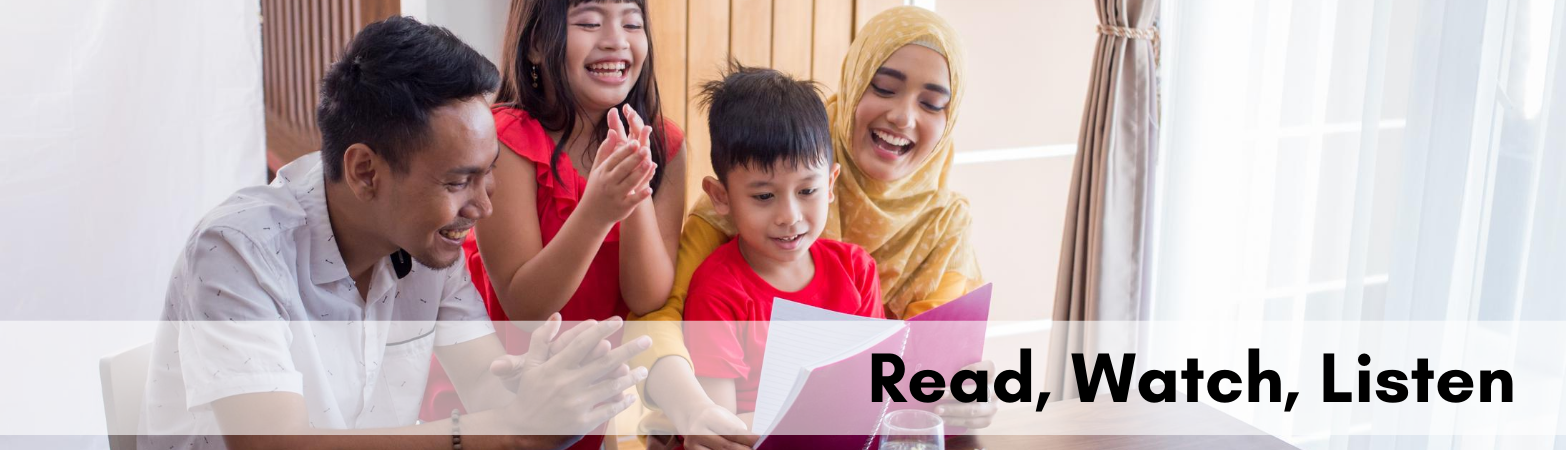 Muslim Family Reading Together with Text &#039;Read, Watch, Listen&#039;
