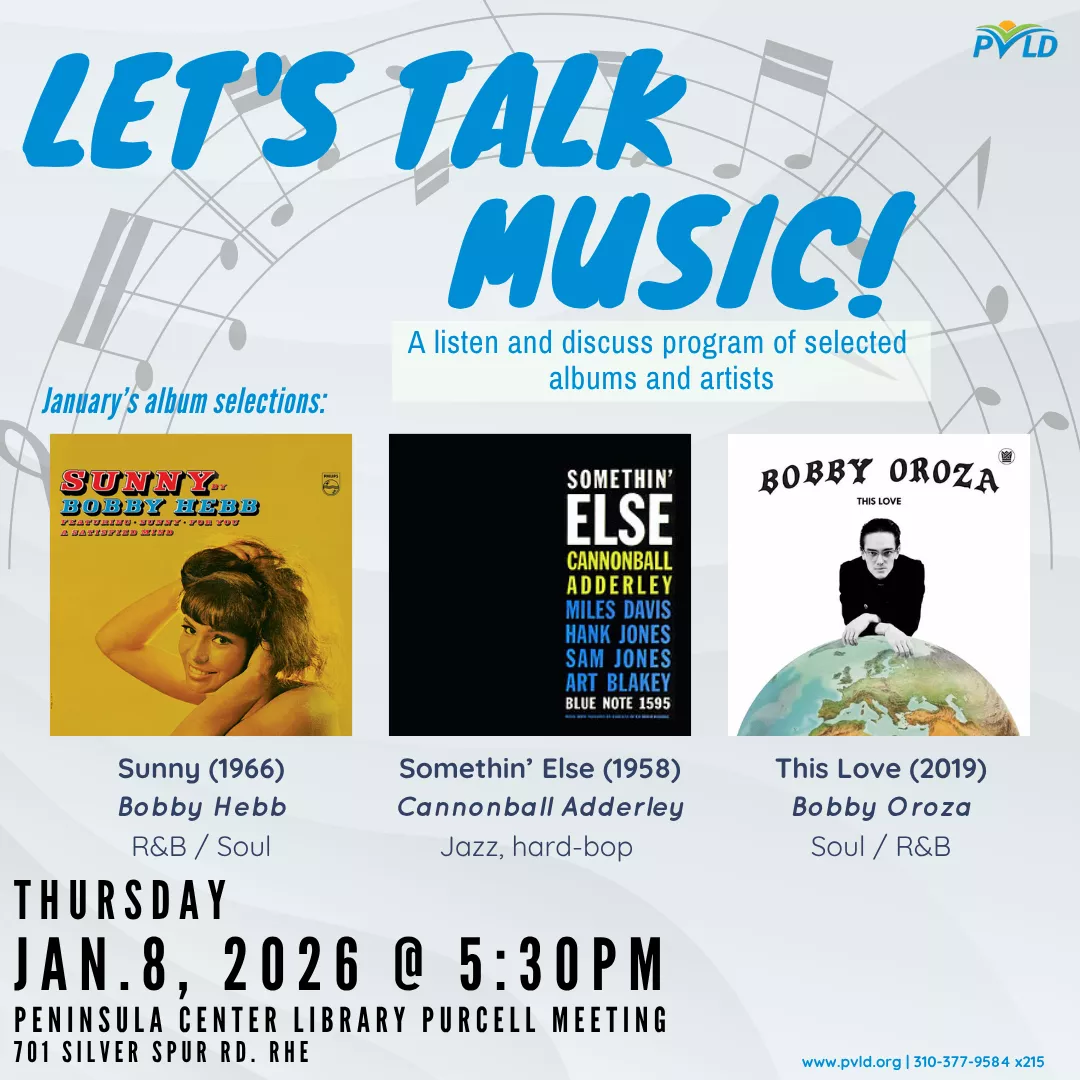 Let's Talk Music! - A listen &amp; discuss program of selected albums and artists Thursday, January 08: 5:30pm - 6:30pm  Peninsula Center Library - Purcell Room
