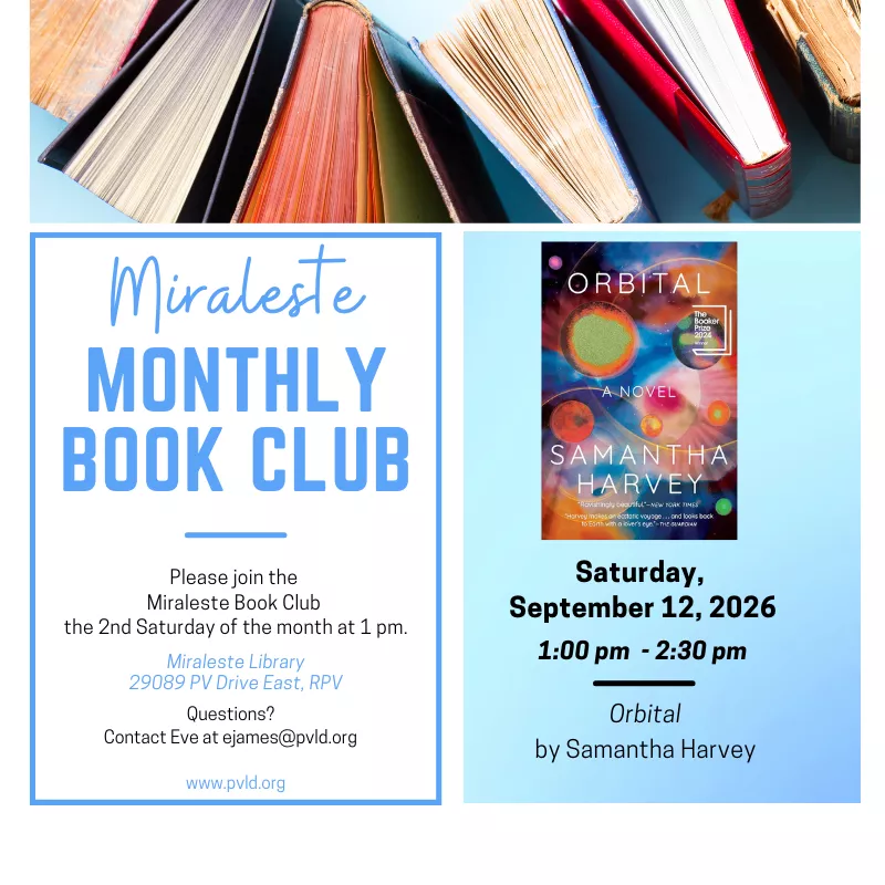 Miraleste Library Monthly Book Club Saturday, September 12: 1:00pm - 2:30pm  Miraleste Library - Main Floor